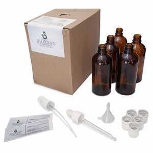 Frascos de vidrio ámbar 5 x 100 ml con accesorios de calidad farmacéutica