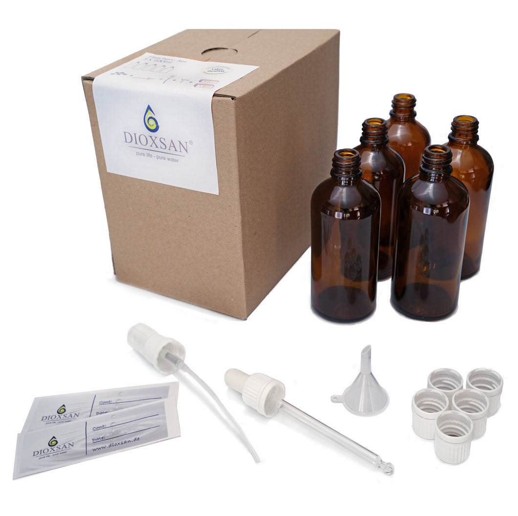 Frascos de vidrio ámbar 5 x 100 ml con accesorios de calidad farmacéutica